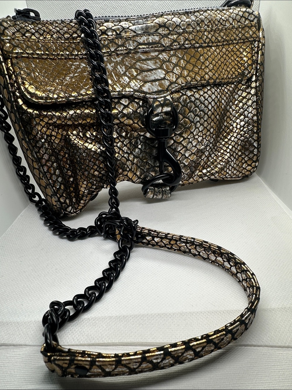 Rebecca Minkoff Gold Snake-Embossed Crossbody with Black Chain (66)